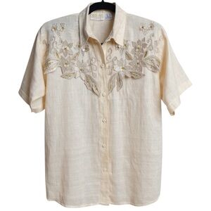 Vintage 80's Marshall Rousso Beige 100% Raime Floral Embroidered Shirt Medium